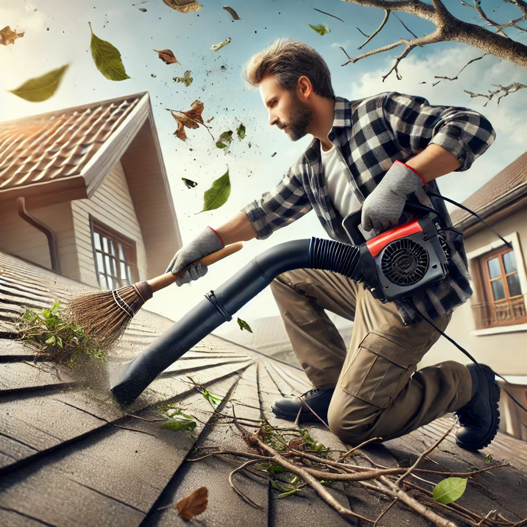 Un couvreur professionnel nettoyant une toiture, enlevant des feuilles, des branches et autres débris pour assurer un bon drainage.