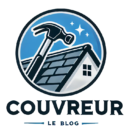 Logo du blog de toiture Le Couvreur avec une image de toit et un outil de couverture, texte "Le Couvreur" en bleu et gris sur fond blanc.