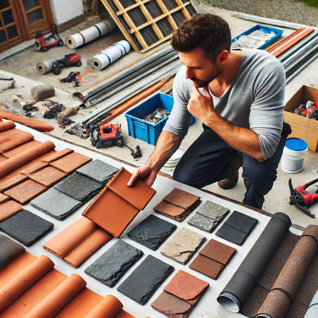 Un couvreur professionnel examine des échantillons de tuiles en terre cuite, d'ardoise, de bardeaux d'asphalte et de feuilles métalliques, avec des outils et un toit en cours de rénovation en arrière-plan.