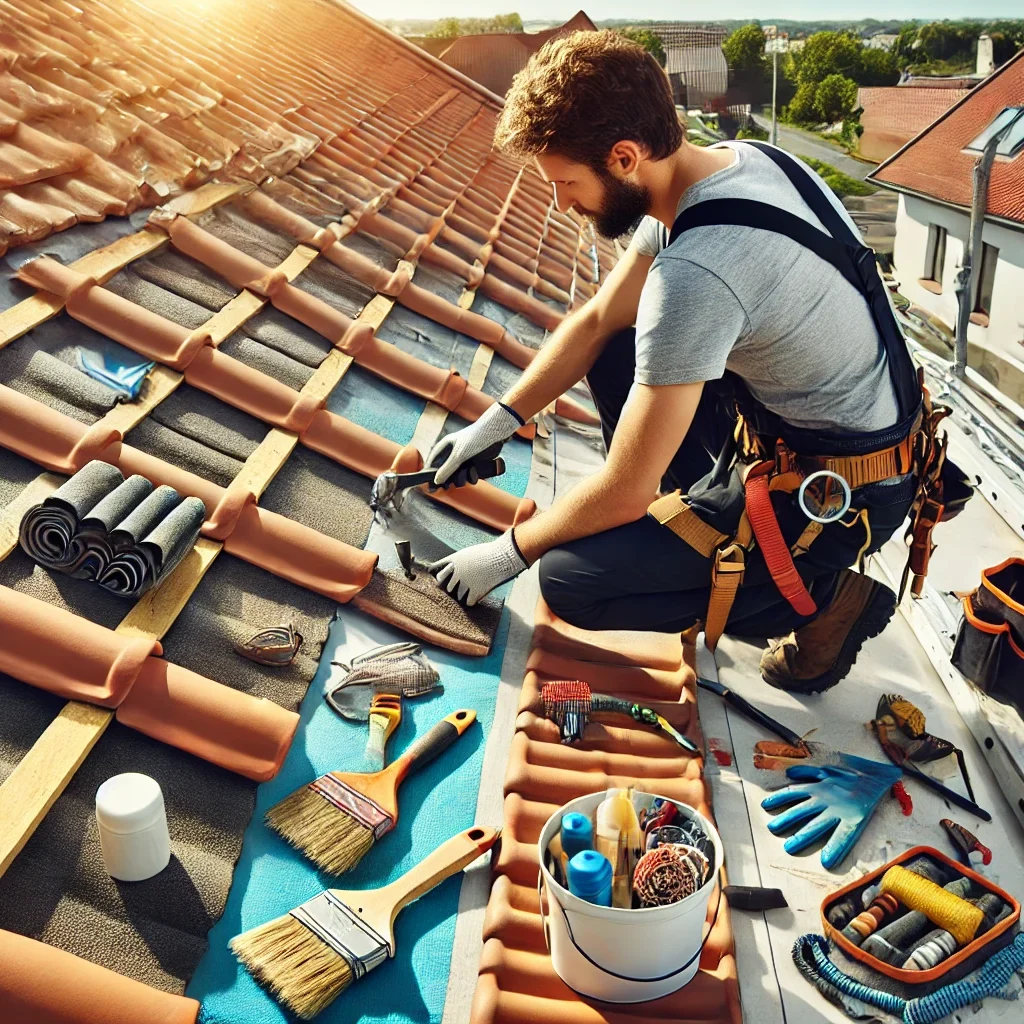 Un couvreur professionnel rénovant un toit, remplaçant des tuiles endommagées et appliquant des matériaux d'isolation, avec des outils et équipements de sécurité visibles sous un ciel bleu.