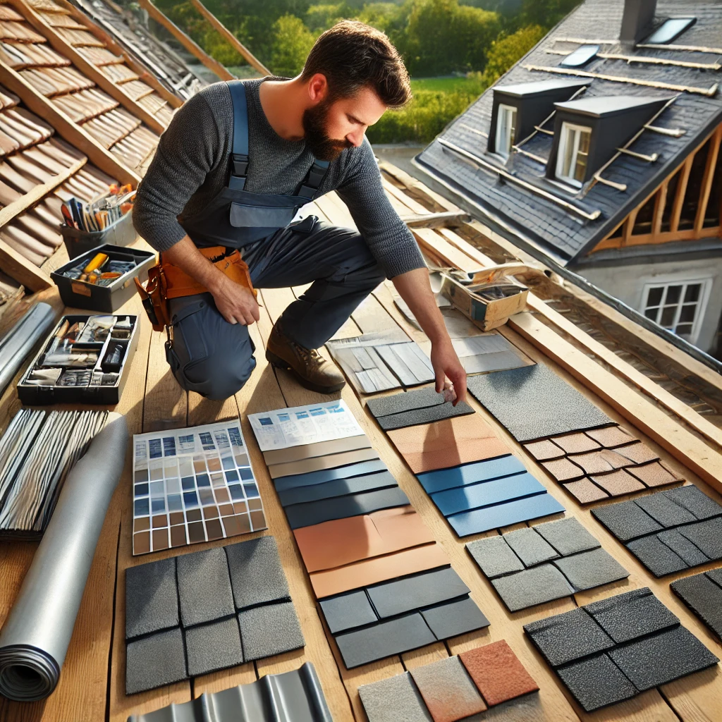 Un couvreur professionnel sélectionnant des matériaux de toiture sur un chantier, comparant des tuiles en terre cuite, des feuilles métalliques, des tuiles en ardoise et des bardeaux d'asphalte.