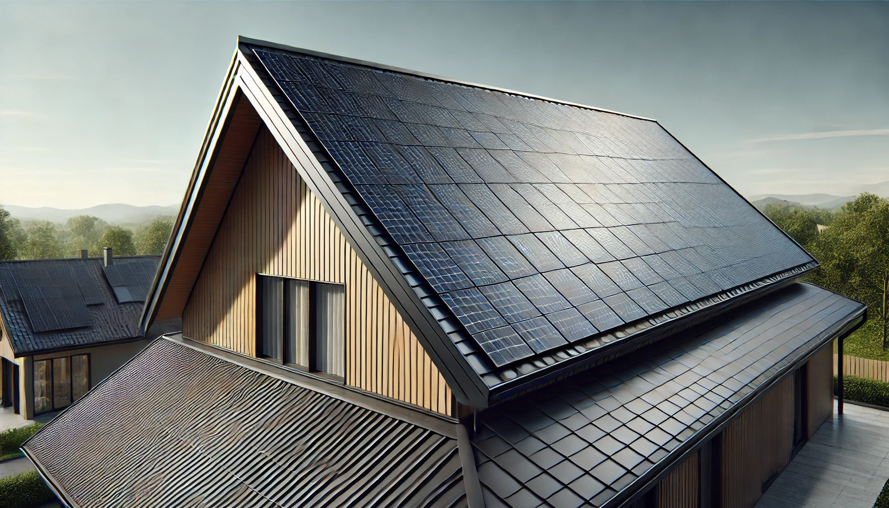 Une maison avec un toit entièrement recouvert de tuiles solaires noires, illustrant une solution de toiture durable et éco-responsable.